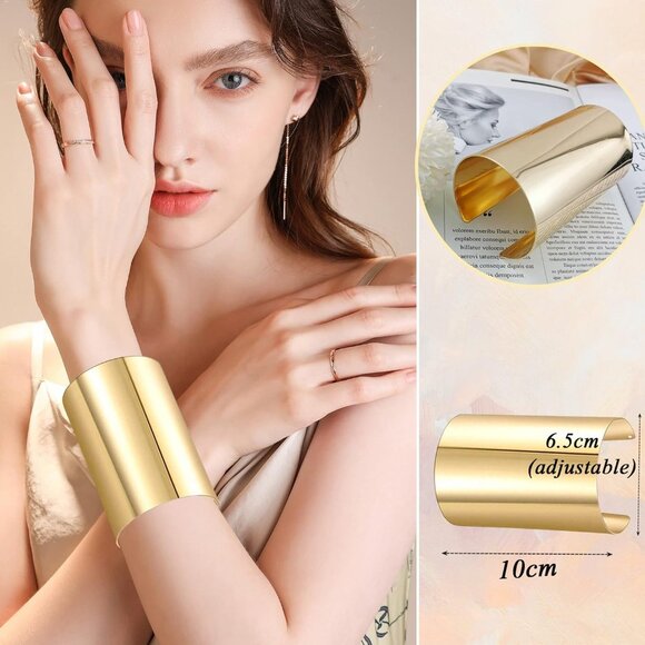 Set of 2-8 Gold Wide Cuff Bangle Bracelets for Women Adjustable Metal Jewelry - Picture 2 of 7